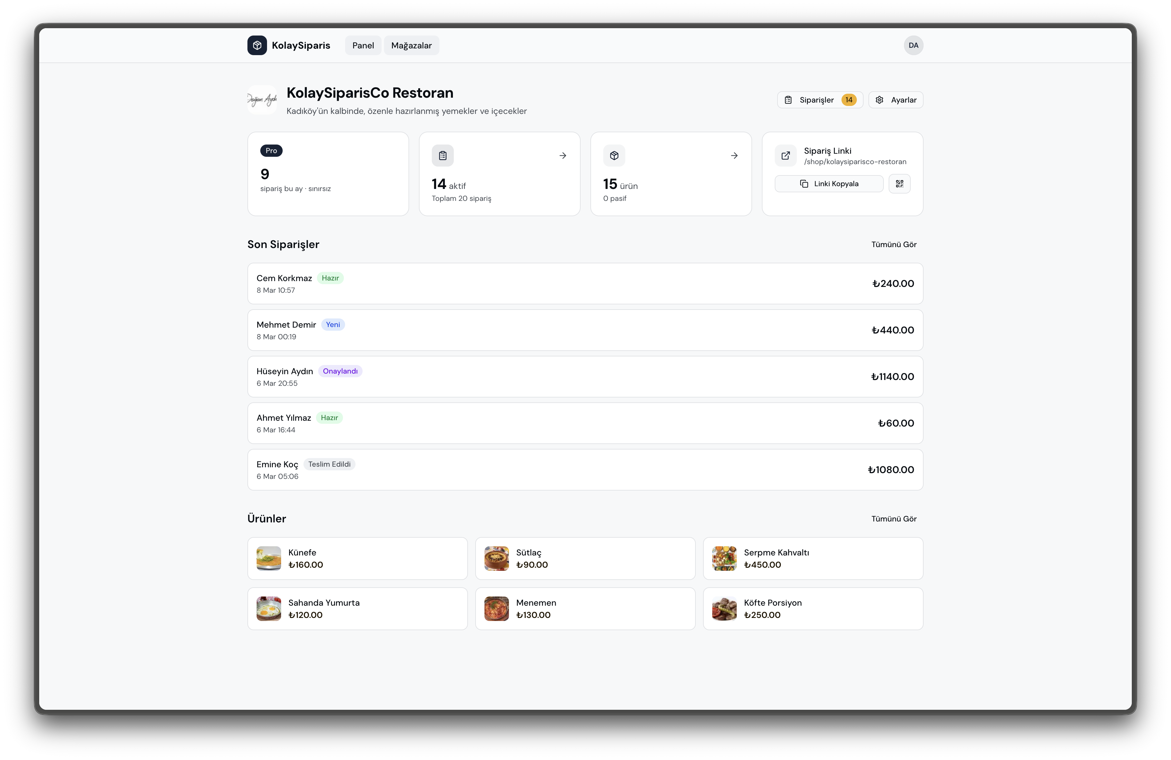 KolaySipariş yönetim paneli