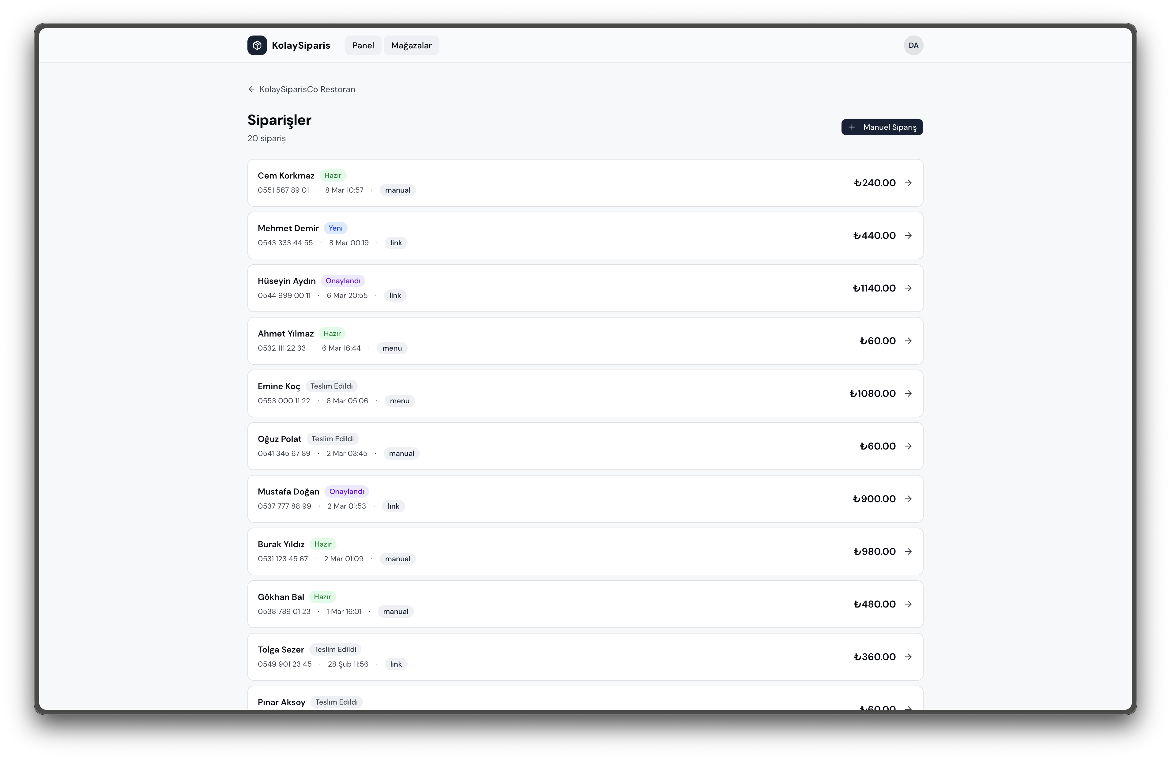 Sipariş yönetim paneli
