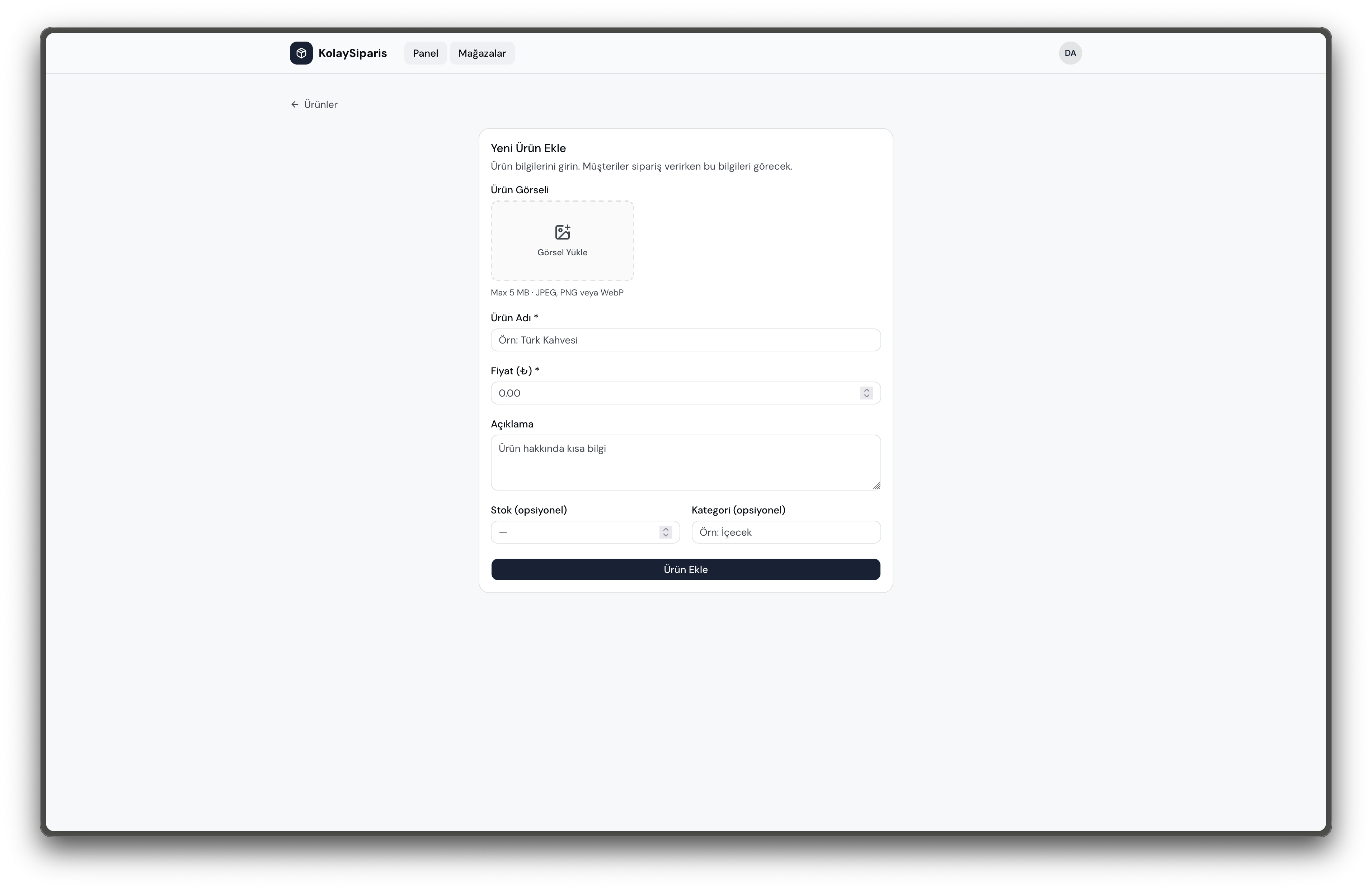 Yeni ürün ekleme ekranı
